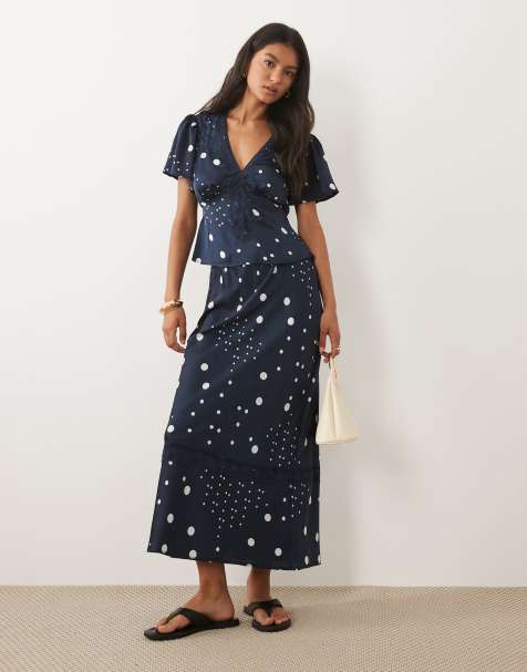 Wednesday's Girl midaxi satin skirt in navy polka dot - view 1