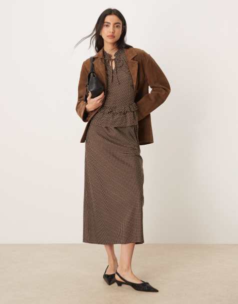 Wednesday's Girl midaxi skirt in brown polka dot