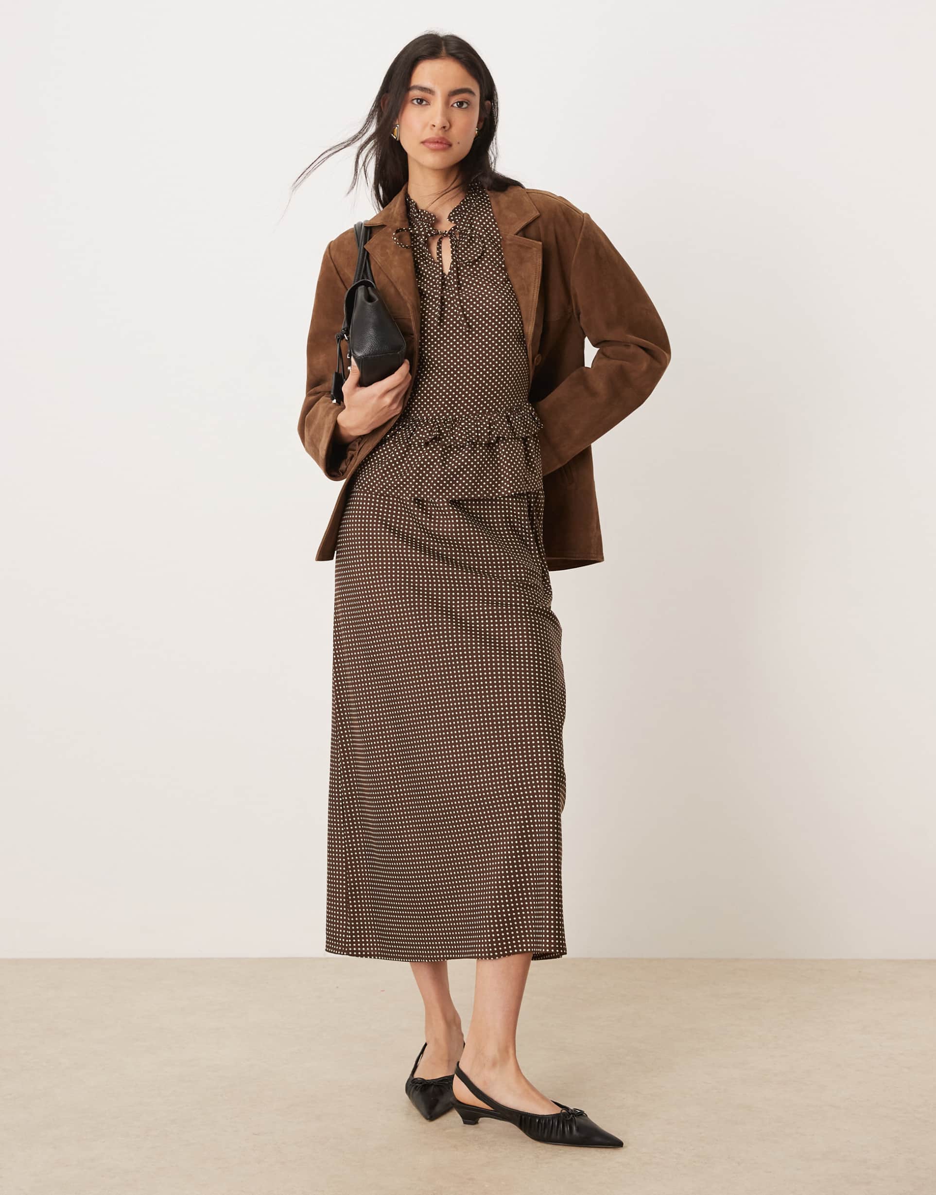 wednesday's girl midaxi skirt in brown polka dots