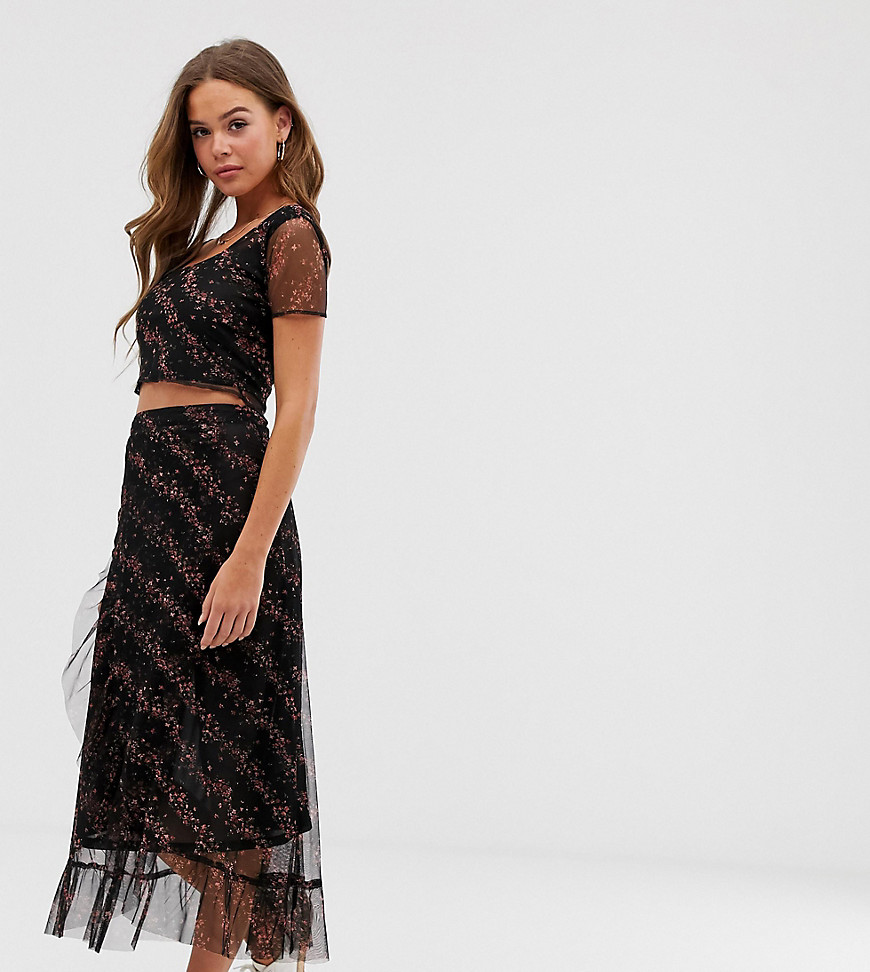 Wednesday's Girl midaxi skirt in ditsy floral mesh co-ord-Black