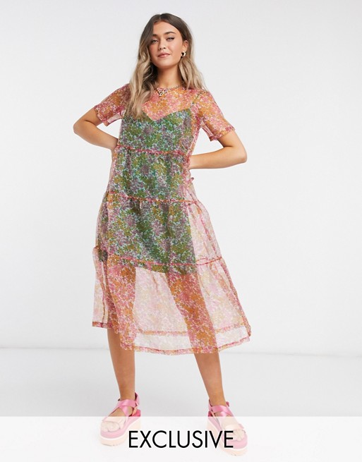 Wednesday's Girl midaxi smock dress with full skirt in floral organza