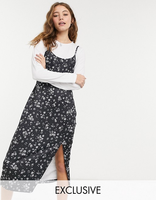 Wednesday's Girl midi cami dress with t-shirt inner layer in ditsy floral print