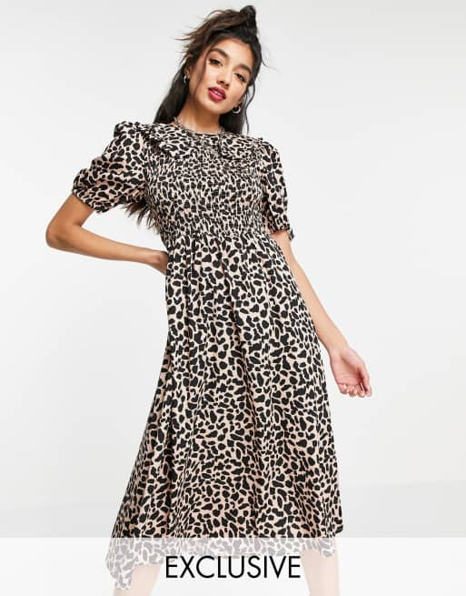 Wednesday's Girl midi dress with shirring and collar in animal print