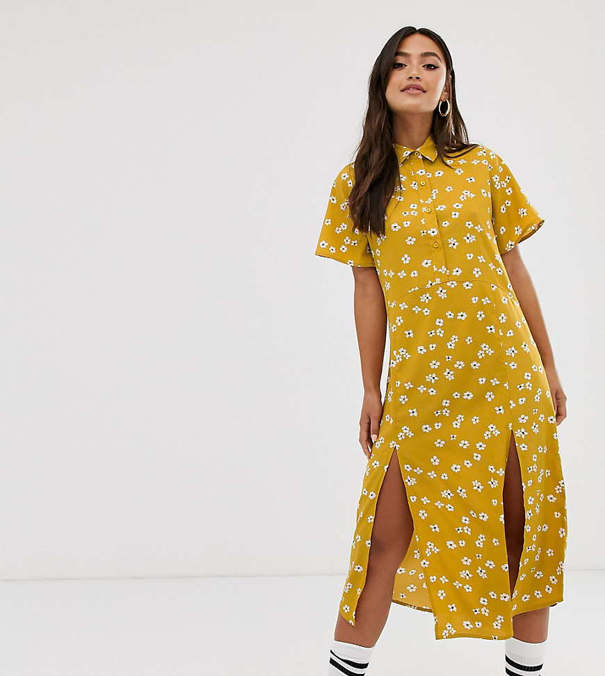 Wednesday's Girl midi dress with splits in daisy floral print-Yellow