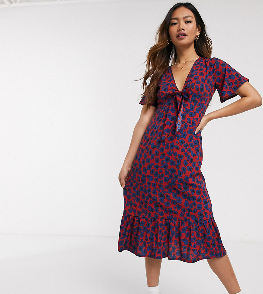 Wednesday's Girl midi dress with tie front in smudge floral print-Red