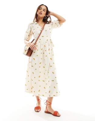 Wednesday's Girl - Midi-Freizeitkleid in Creme mit Sonnenblumen-Muster und Puffärmeln-Bunt