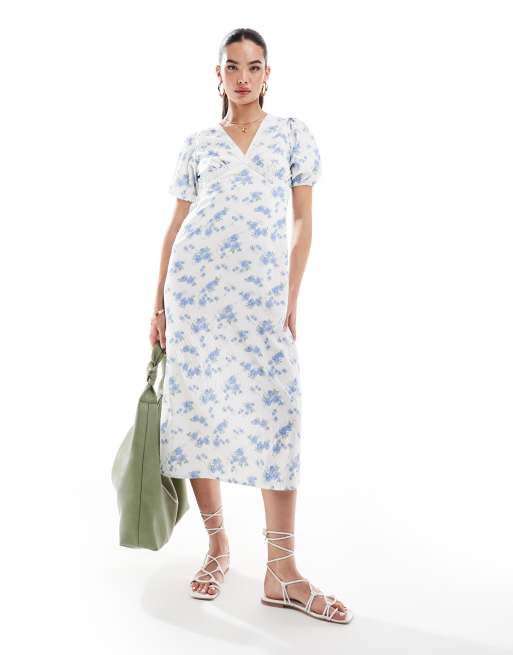 Wednesday's Girl - Midi-jurk met pofmouwen en bloemen in wit en blauw