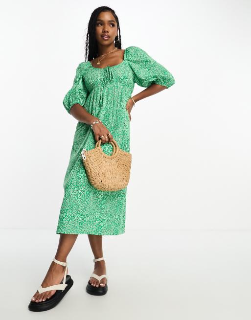 Wednesday's Girl - Midi jurk met pofmouwen en fijne bloemenprint in groen