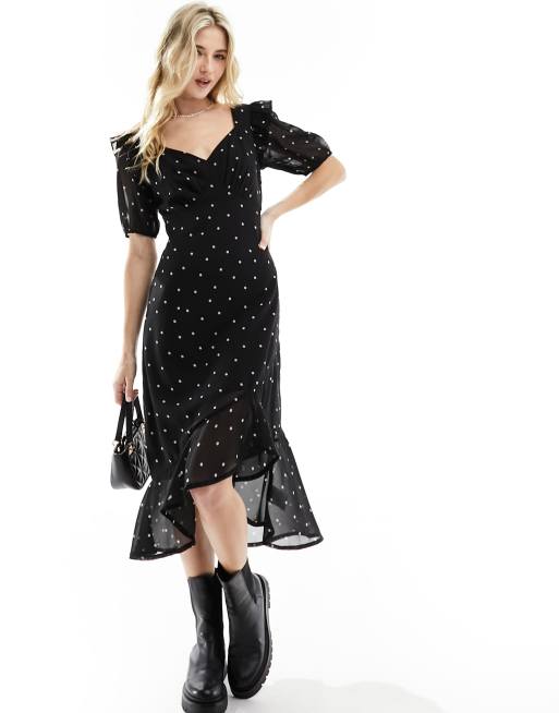 Wednesday's Girl - Midi-jurk met polkadots en ruches op de mouwen in zwart