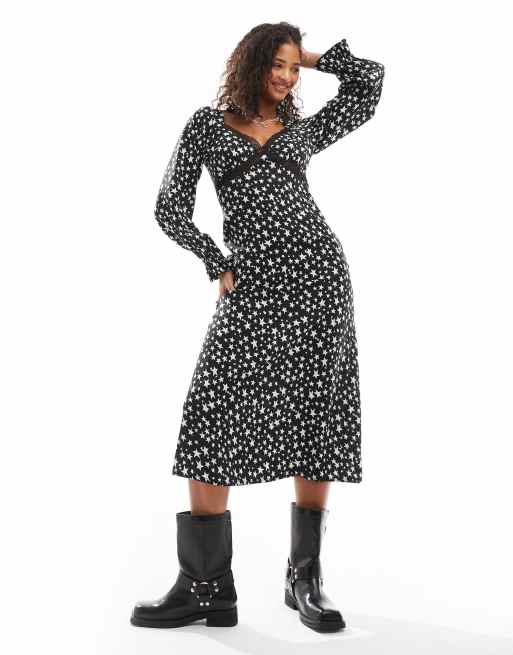 Wednesday's Girl - Midi-jurk met V-hals en kanten randje en sterrenprint in zwart