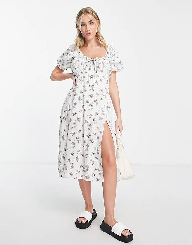 Wednesday's Girl midi milkmaid tea dress in white floral
