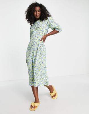 Wednesday's Girl Midi Shift Dress In Blue/yellow Floral