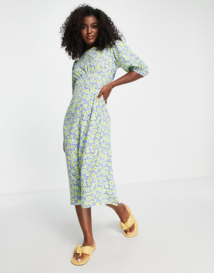 Wednesday's Girl Midi Shift Dress In Blue/yellow Floral