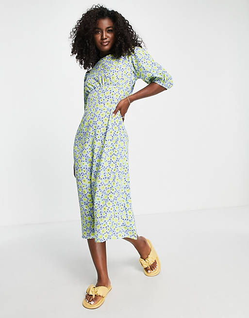 Wednesday's Girl midi shift dress in blue yellow floral
