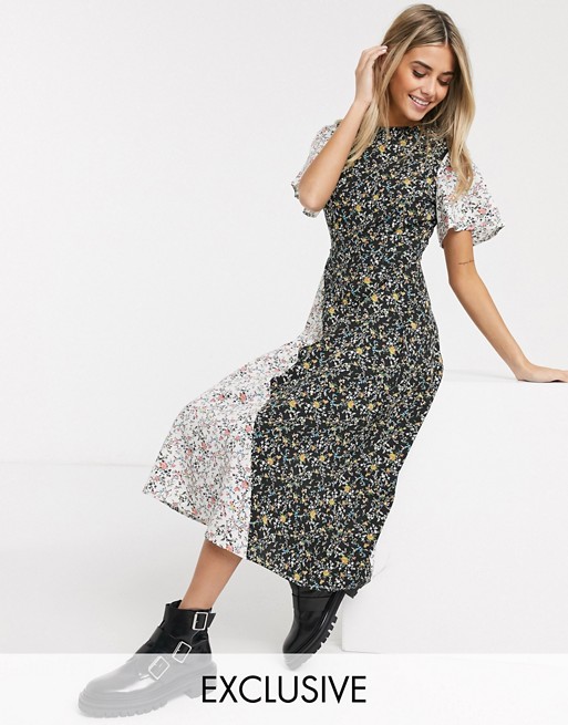 Wednesday's Girl midi shift dress with flutter sleeves in vintage mixed print