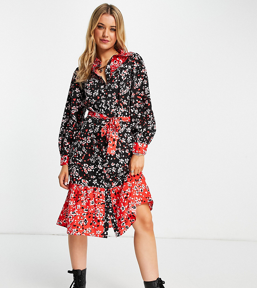 Wednesday's Girl midi shirt dress in mix floral with tie waist-Multi
