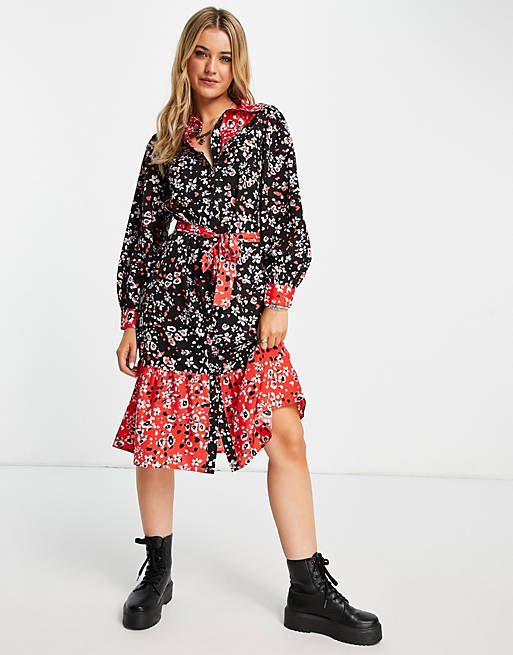 Wednesday's Girl midi shirt dress in mix floral with tie waist