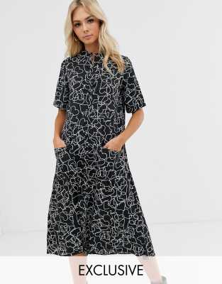 Wednesday's Girl midi shirt dress with full skirt in heart print-Black