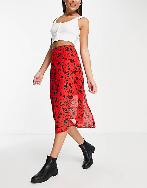  Wednesday's Girl midi skirt in red black floral 