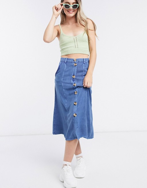 Wednesday's Girl midi skirt with faux horn buttons in denim