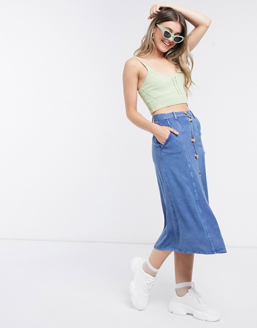 Wednesday's Girl midi skirt with faux horn buttons in denim