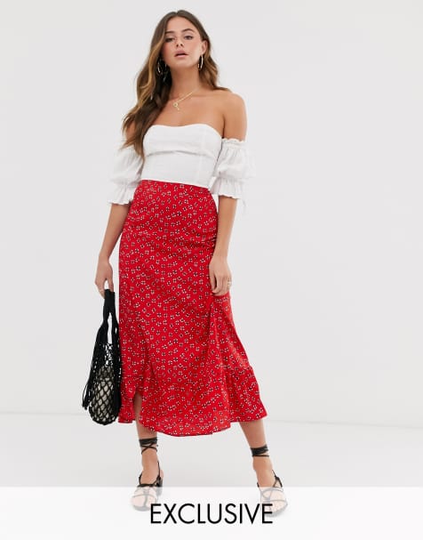Wednesday's Girl midi skirt with peplum hem in daisy print