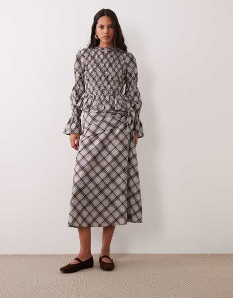 Wednesday's Girl midi skirt with tie detail in blue check - view 1