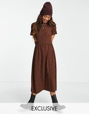 Wednesday's Girl midi smock dress in brown smudge spot print
