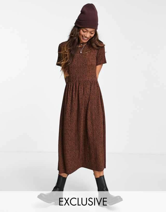 Wednesday's Girl midi smock dress in brown smudge spot print