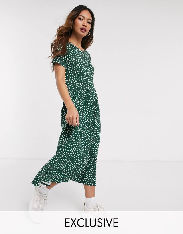 Wednesday's Girl midi smock dress in green smudge spot print