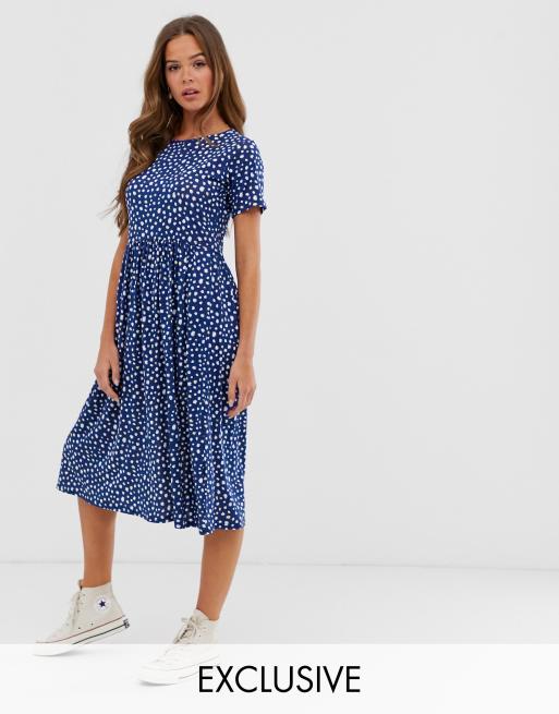 Wednesday s Girl midi smock dress in navy smudge spot print