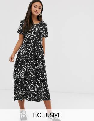 Wednesday's Girl midi smock dress in smudge polka dot-Black