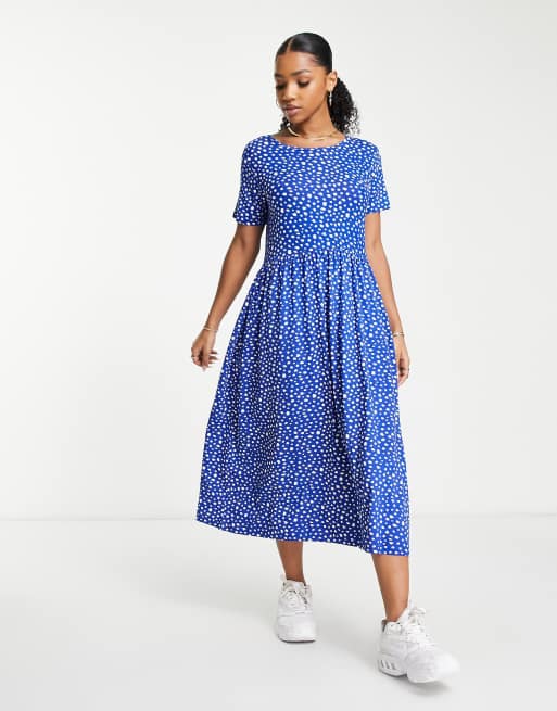 Wednesday's Girl - Midi-smockjurk in marineblauw met vlekkerige stippenprint
