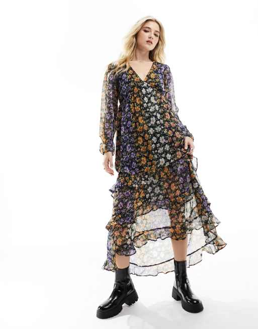 Wednesday's Girl - Midi-smockjurk met stroken en fijne bloemenprint in multi