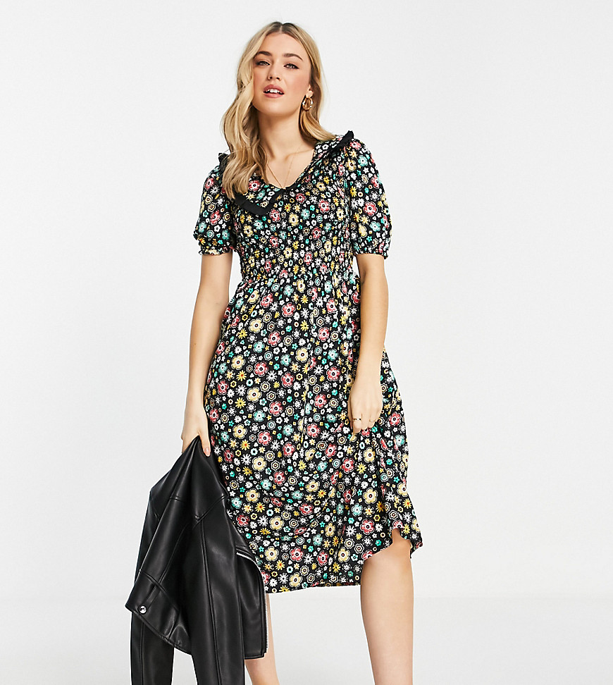 Wednesday's Girl midi tea dress with contrast collar in retro ditsy floral-Multi
