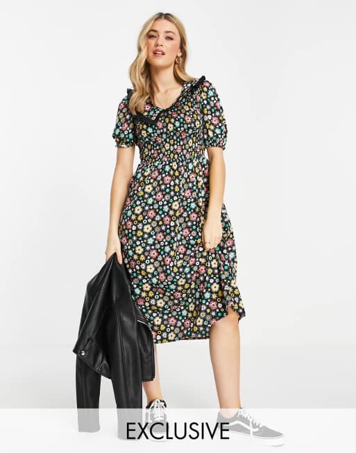 Wednesday's Girl midi tea dress with contrast collar in retro ditsy floral