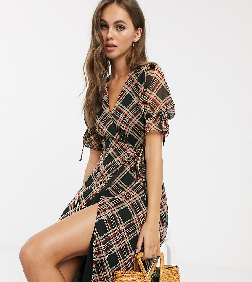 Wednesday's Girl midi wrap dress in check-Brown