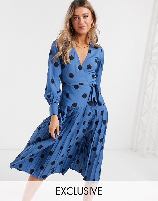 Wednesday's Girl midi wrap dress with pleated skirt in large scale spot