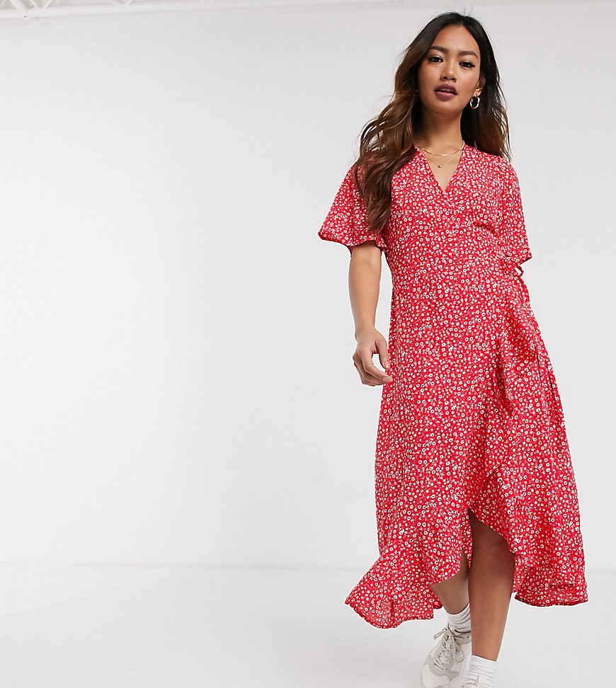 Wednesday's Girl midi wrap dress with ruffle hem in ditsy floral-Red