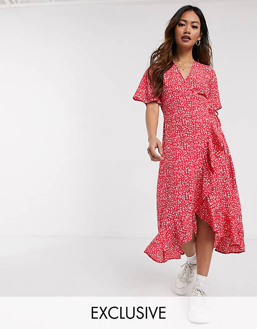 Wednesday's Girl midi wrap dress with ruffle hem in ditsy floral