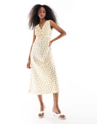 Wednesday's Girl - Midikleid in Gelb mit V-Ausschnitt und Blümchenmuster