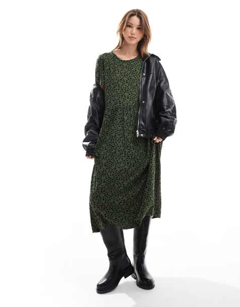 Wednesday's Girl – Midikleid in Khakigrün mit verwischtem Punktemuster - view 1