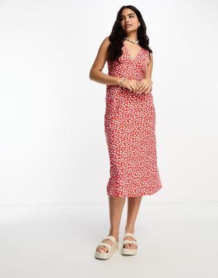 Wednesday's Girl - Midikleid in Rot mit V-Ausschnitt und Blumenprint