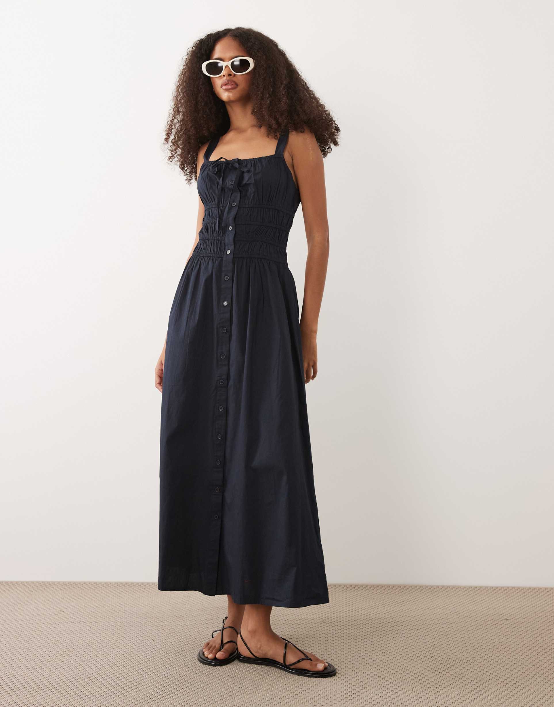 wednesdays girl milkmaid button detail dress in navy