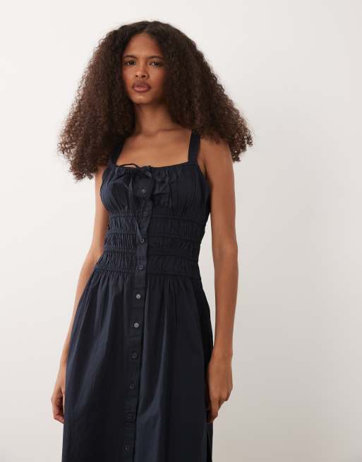 milkmaid dress navy blue Wednesdays Girl milkmaid button detail dress in navy