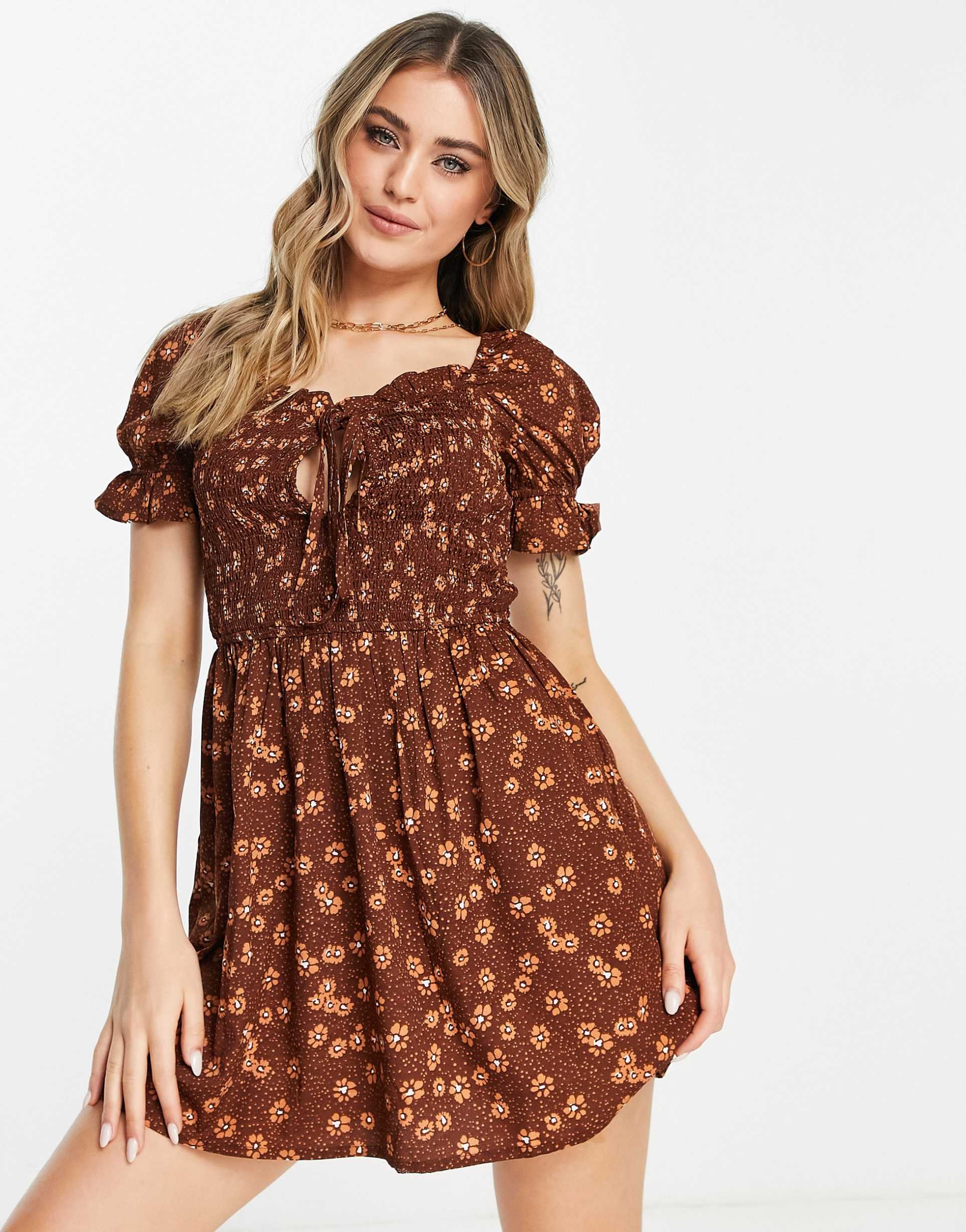 Wednesday's Girl milkmaid mini dress in brown vintage floral view 2