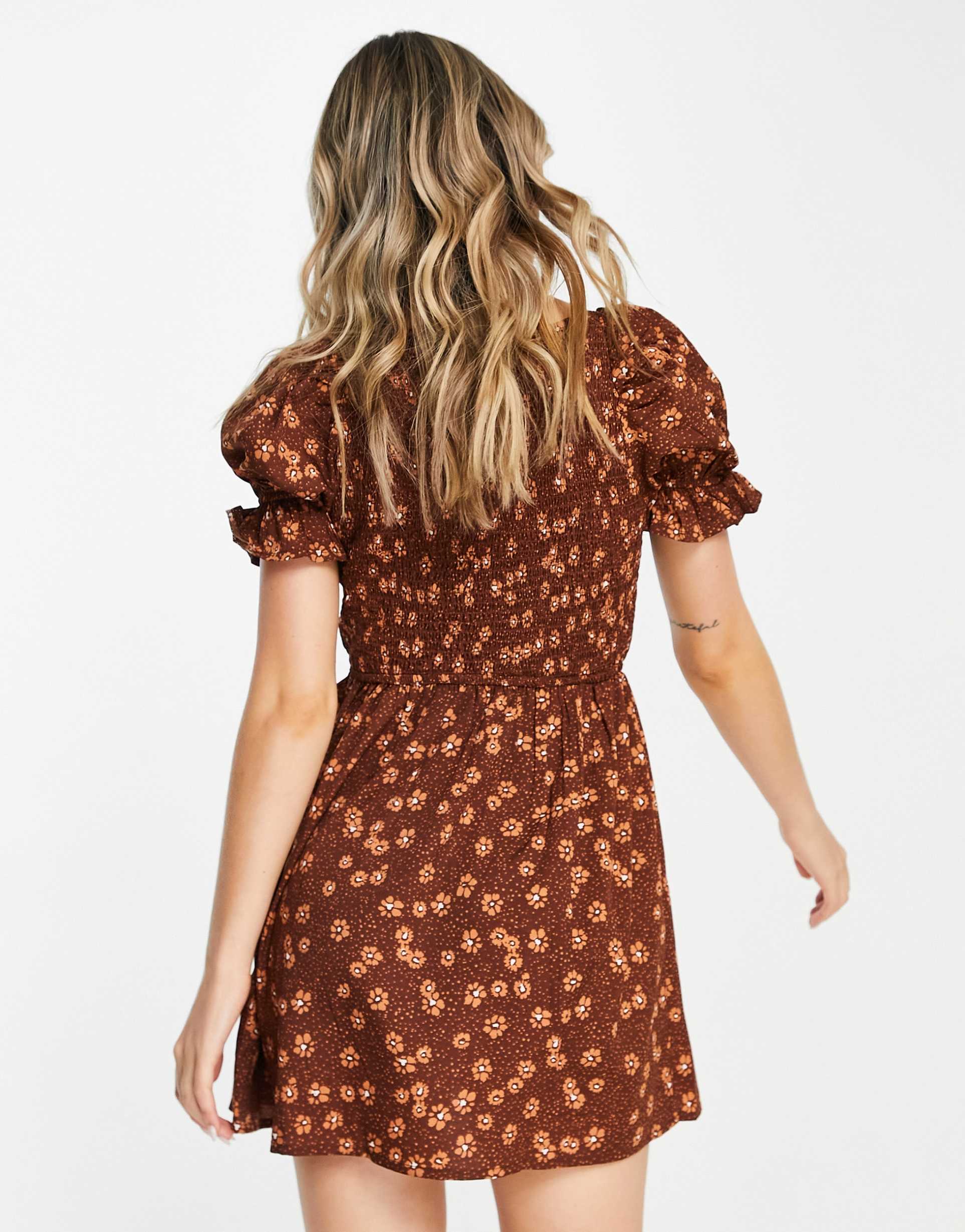 Wednesday's Girl milkmaid mini dress in brown vintage floral view 3