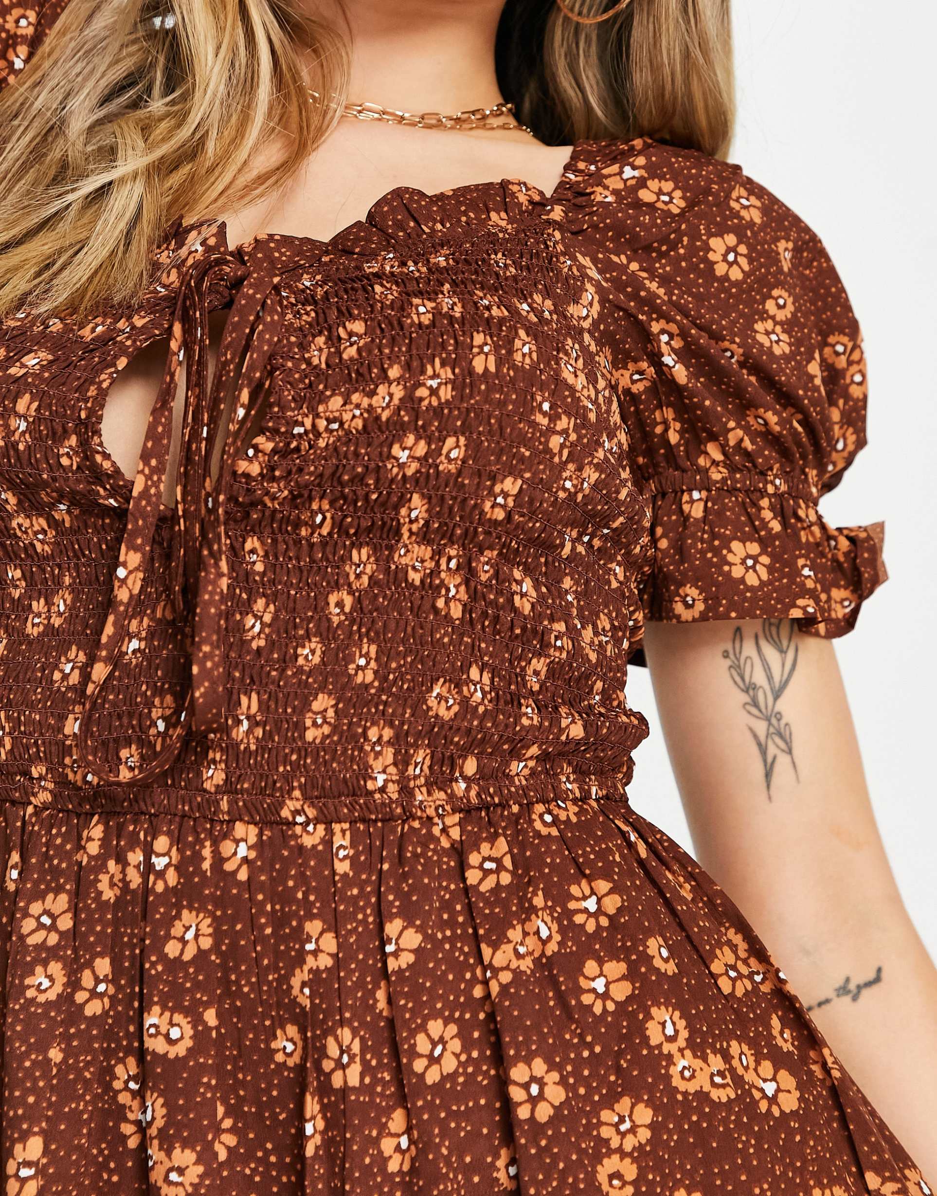 Wednesday's Girl milkmaid mini dress in brown vintage floral