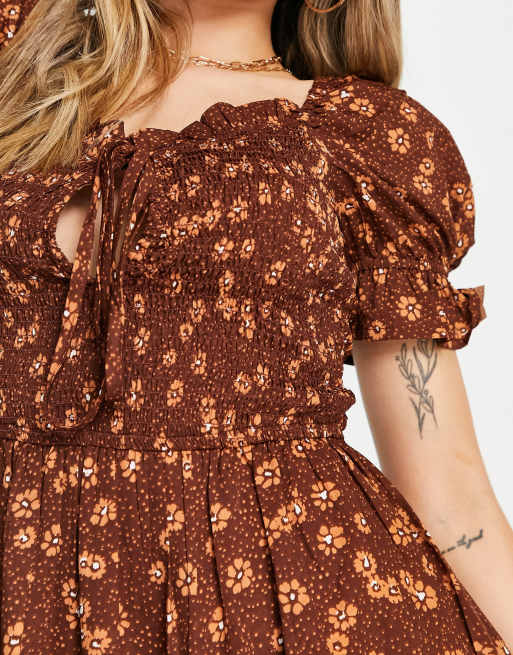 Wednesday's Girl milkmaid mini dress in brown vintage floral | ASOS