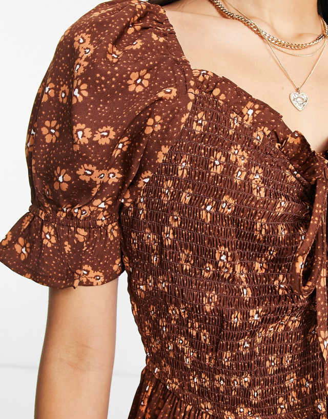Wednesday's Girl milkmaid mini dress in brown vintage floral 0
